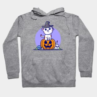 Cute Witch Cat Sitting Pumpkin Halloween Cartoon Vector Icon Illustration Hoodie